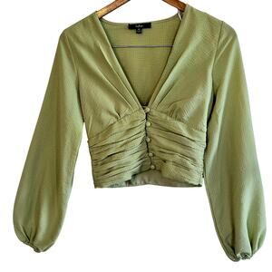 Pistachio green V neck Button front blouse with balloon sleeves cropped